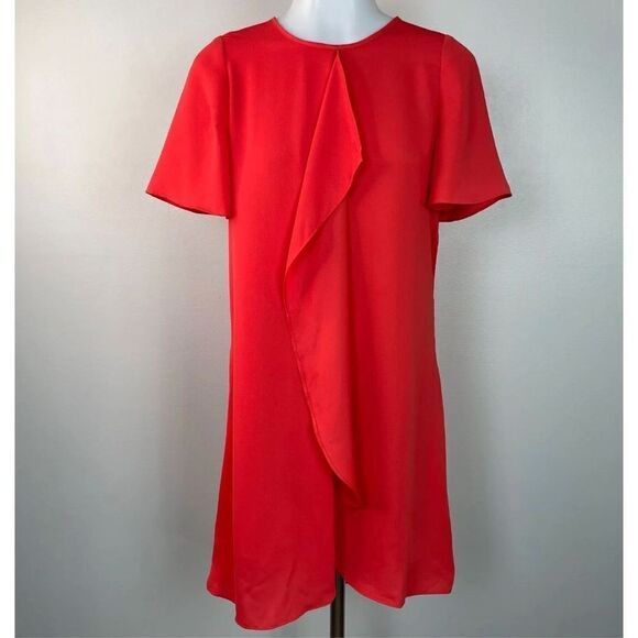 BCBGMaxazria Shift Dress Poppy Orange Cascading Ruffle Short Sleeve Size M - Picture 5 of 9